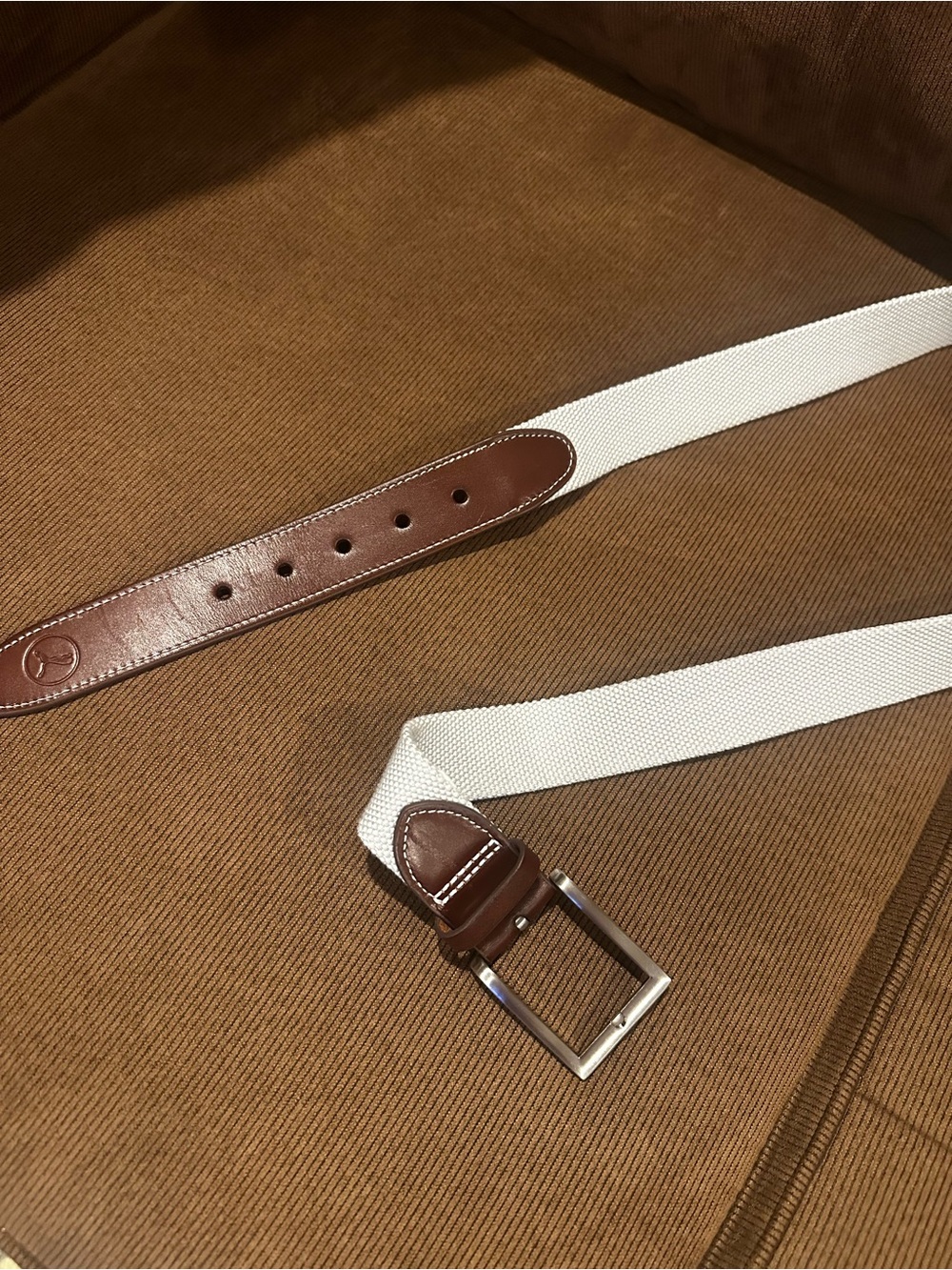 Men's Puma Gray Canvas and Brown Leather Belt - NWOT - needlepoint L - 36-38